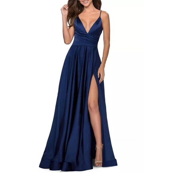 La Femme Navy Blue Side Slit Satin Ballgown Size 14. NWOT. $459. 14 - Picture 1 of 10